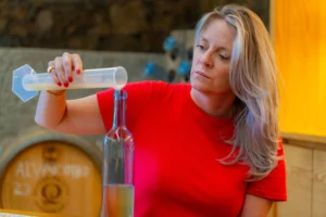 Participante experimenta vinho branco nas vindimas no Douro